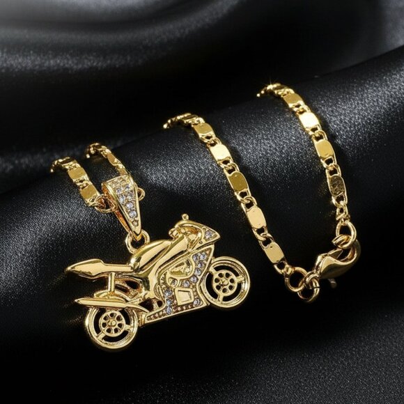 Men's Gold CZ Diamante Motorcycle Necklace 18" Chain Biker NWOT - Picture 4 of 8